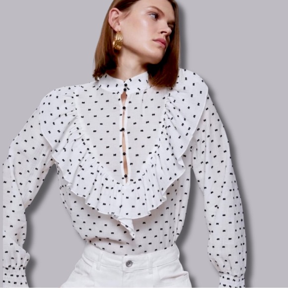 Zara Swiss Dot Ruffled Blouse Sz. Medium *BLOGGER FAVOURITE* - Picture 3 of 9